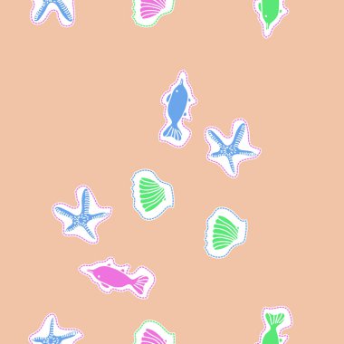 Deniz inhibisyonu kusursuz desen , kesik çizgiler, balıklar, kabukları, etiketleri, denizyıldızları, nokta, delik, 