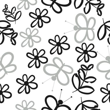 Dikişsiz soyut desen, çiçek ve kelebekler vektör illüstrasyon 