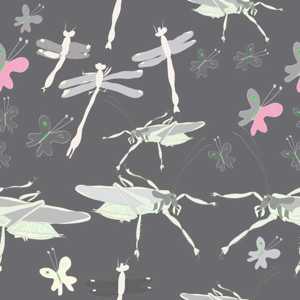 Seamless pattern of colored butterflies and grasshoppers with dragonflies 