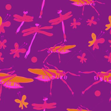 Yusufçuk ile renkli kelebekler ve çekirgeler Dikişsiz desen 