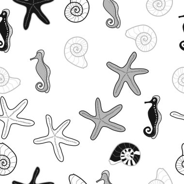 Balık, kabuk ve denizyıldızının dikişsiz deseni