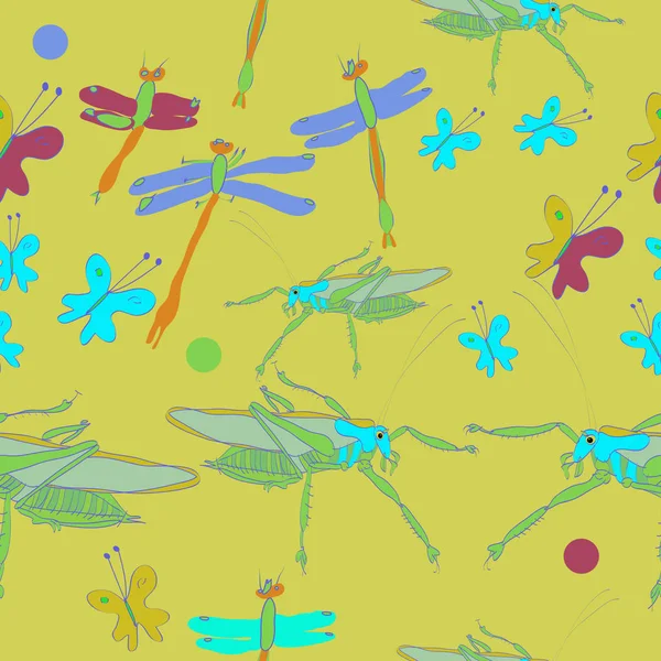 Nahtloses Muster Farbiger Schmetterlinge Und Heuschrecken Mit Libellen — Stockvektor