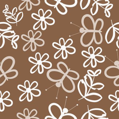 Dikişsiz soyut desen, çiçek ve kelebekler vektör illüstrasyon 