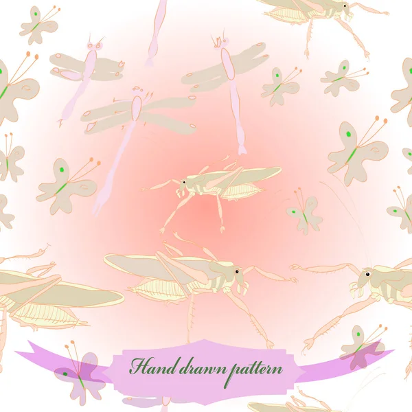 Modello Senza Cuciture Farfalle Colorate Cavallette Con Libellule — Vettoriale Stock