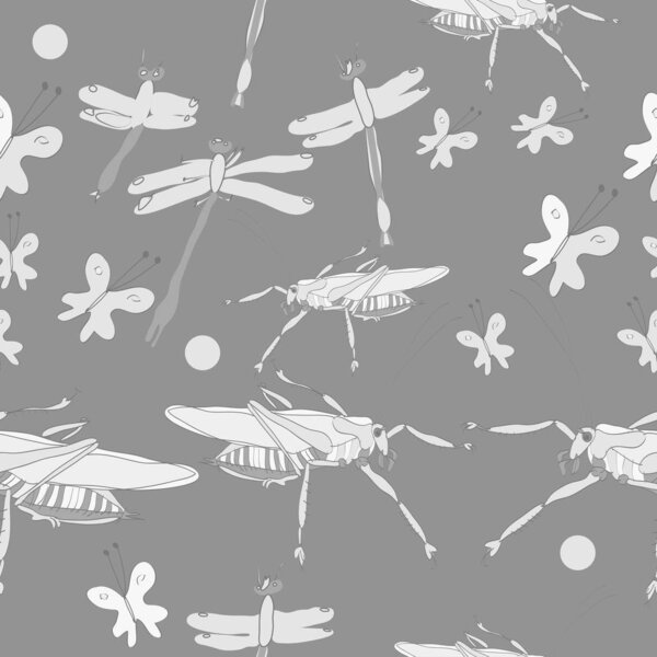Seamless pattern of colored butterflies and grasshoppers with dragonflies 