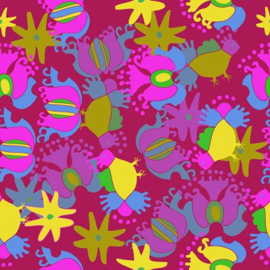 Soyut basit yaratıklar ve çiçek Dikişsiz desen