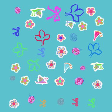 Çiçekler, yaylar, kesik çizgiler, etiketler ile kompozisyon .