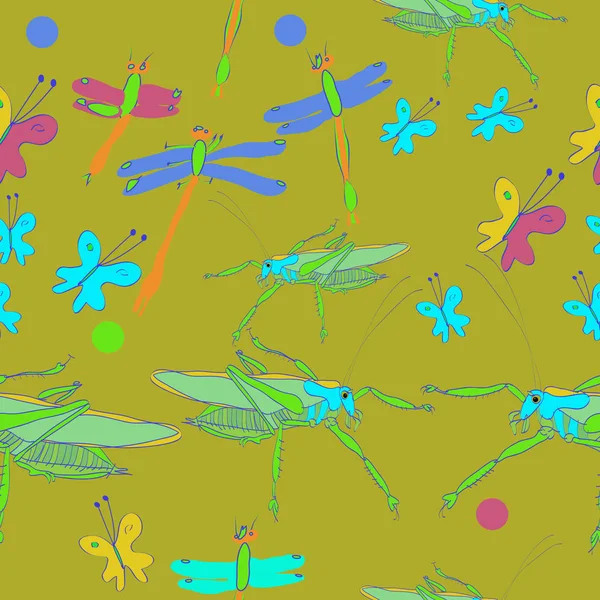 Modèle Sans Couture Papillons Colorés Sauterelles Avec Des Libellules — Image vectorielle