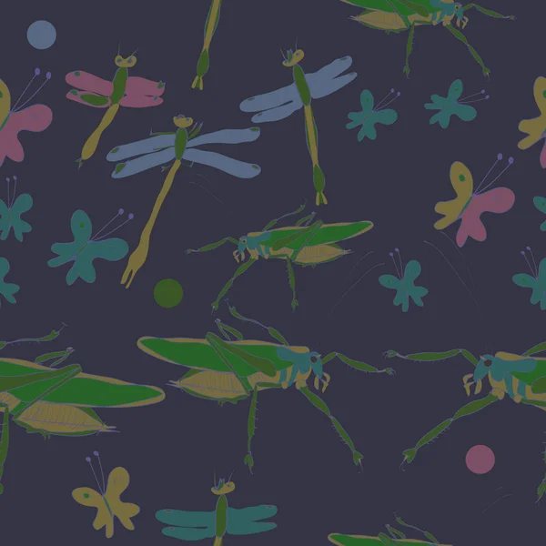 Seamless pattern of colored butterflies and grasshoppers with dragonflies