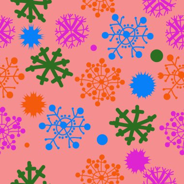 Dekoratif motif, karalamalar, kar taneleri, yıldızlar, elipsler dikişsiz desen. El çizilmiş, kış teması.