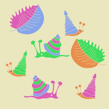 renkli salyangoz ve yaprakları ile sanatsal dikişsiz desen