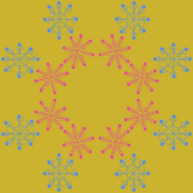 Kar taneleri ile renkli motiflerin dairesel dikişsiz desen, sadece vektör illüstrasyon