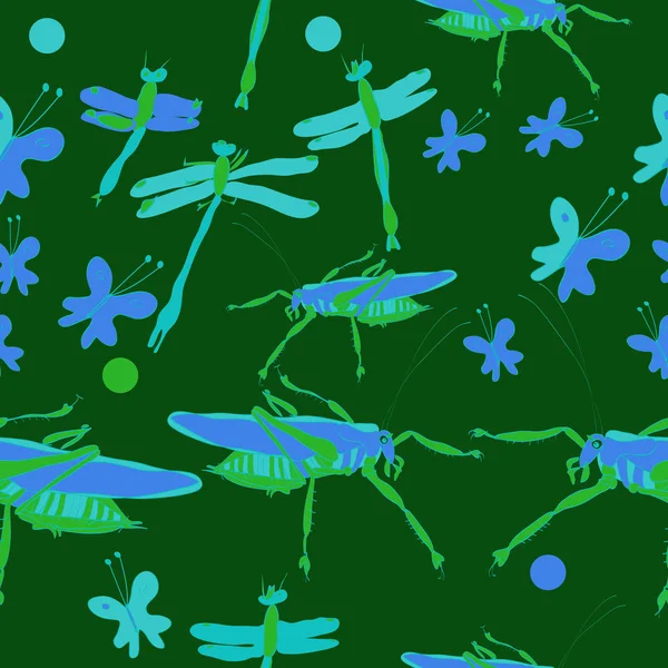 Бесшовный Рисунок Цветных Бабочек Кузнечиков Стрекозами — стоковый вектор