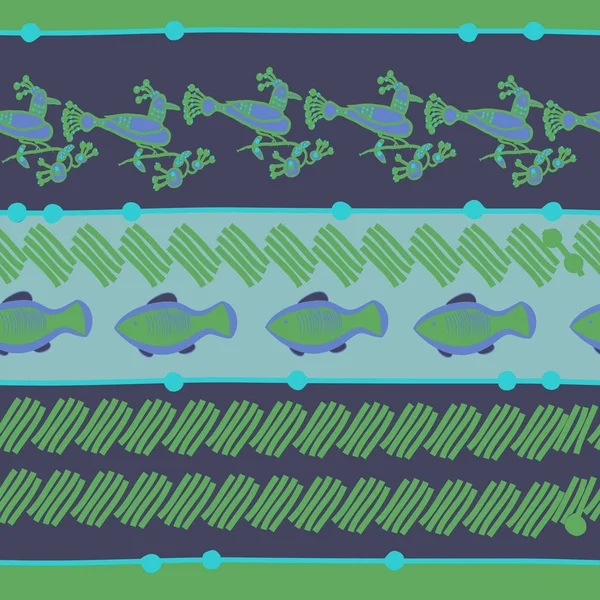 Padrão Sem Costura Motivo Listrado Elipses Listras Pássaros Peixes Rabiscos — Vetor de Stock