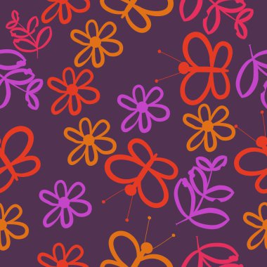 Dikişsiz soyut desen, çiçek ve kelebekler vektör illüstrasyon 