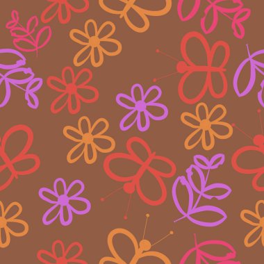 Dikişsiz soyut desen, çiçek ve kelebekler vektör illüstrasyon 