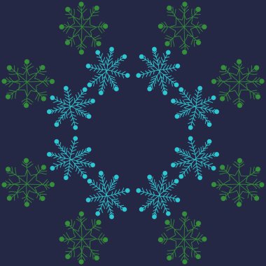 Kar taneleri ile renkli motiflerin dairesel dikişsiz desen, sadece vektör illüstrasyon