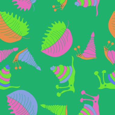 renkli salyangoz ve yaprakları ile sanatsal dikişsiz desen