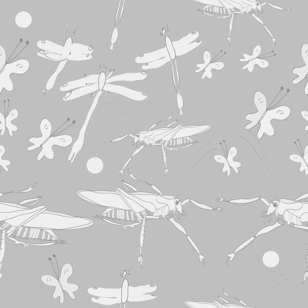 Seamless pattern of colored butterflies and grasshoppers with dragonflies 