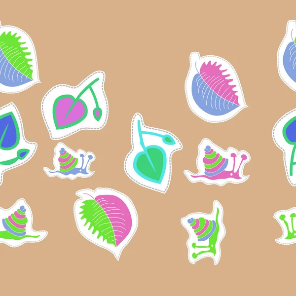 艺术无缝图案与五颜六色的蜗牛和叶子 — 图库矢量图片