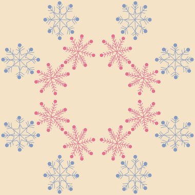 Kar taneleri ile renkli motiflerin dairesel dikişsiz desen, sadece vektör illüstrasyon
