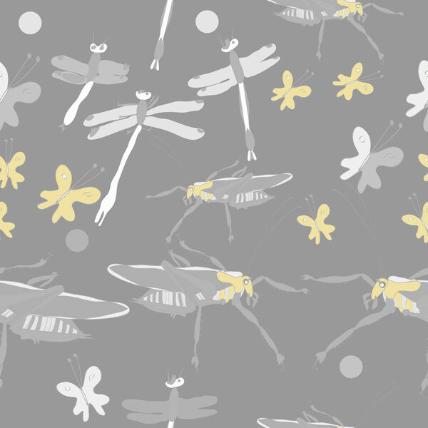 Seamless pattern of colored butterflies and grasshoppers with dragonflies 