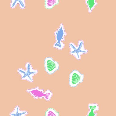 Deniz inhibisyonu kusursuz desen , kesik çizgiler, balıklar, kabukları, etiketleri, denizyıldızları, nokta, delik, 