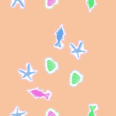 Deniz inhibisyonu kusursuz desen , kesik çizgiler, balıklar, kabukları, etiketleri, denizyıldızları, nokta, delik, 