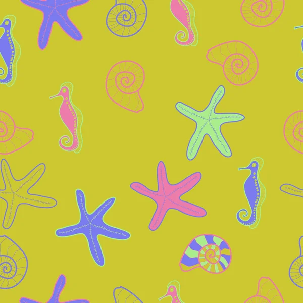Patrón Sin Costuras Peces Conchas Estrellas Mar — Archivo Imágenes Vectoriales