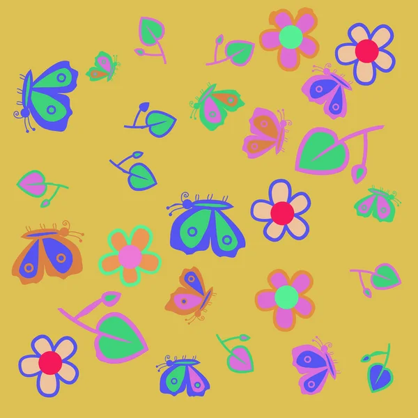 抽象简单昆虫和植物装饰的无缝图案 — 图库矢量图片