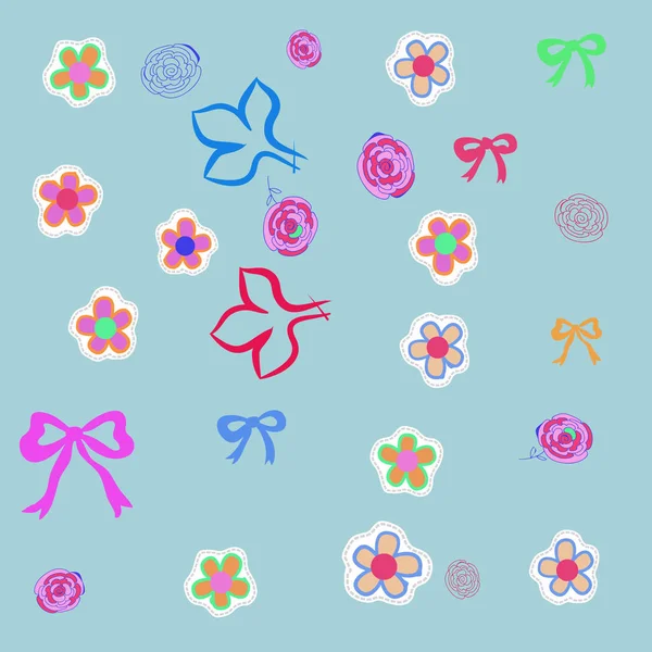 Composición Con Flores Lazos Líneas Discontinuas Etiquetas — Vector de stock