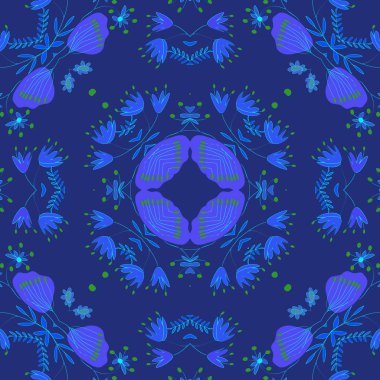 Renkli çiçek motifi dairesel dikişsiz desen, yapraklar, dalları. 