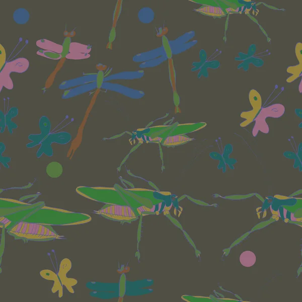 Бесшовный Рисунок Цветных Бабочек Кузнечиков Стрекозами — стоковый вектор
