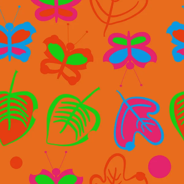 Nahtloses Muster Mit Blättern Und Schmetterlingen Vektor — Stockvektor