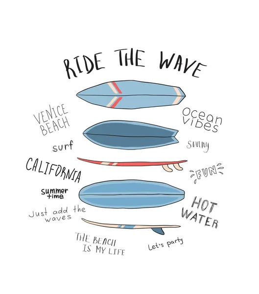 Motivando a ilustração vetorial com várias pranchas de surf azuis. Com a inscrição Ride the wave . —  Vetores de Stock