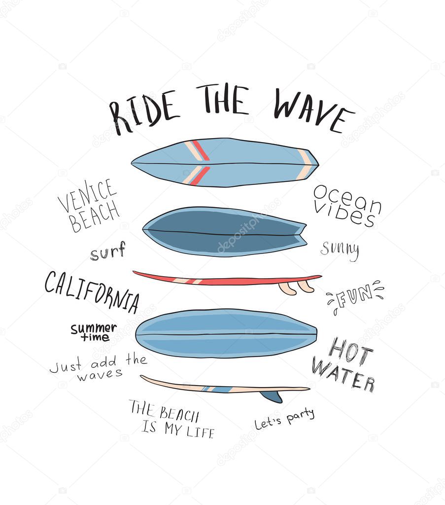 Motivating vector illustration with multiple blue surfboards. With the inscription Ride the wave.