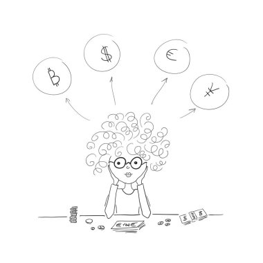 Masadaki parayı yalan söylüyor ve ne para bitcoin, dolar, Euro veya yen yatırım yapmayı düşünüyor kız oturuyor.