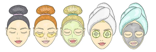 Het meisje gezicht met een bundel of handdoek op haar hoofd. Schoonheidsbehandelingen en huidverzorgingsproducten. Masker en patches op het gezicht. — Stockvector