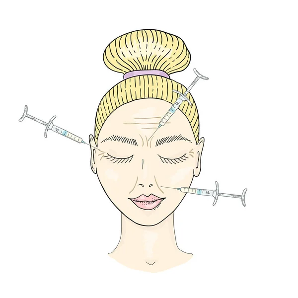 The girl s face with hair gathered in a bun and a syringe in her face. — Stock Vector