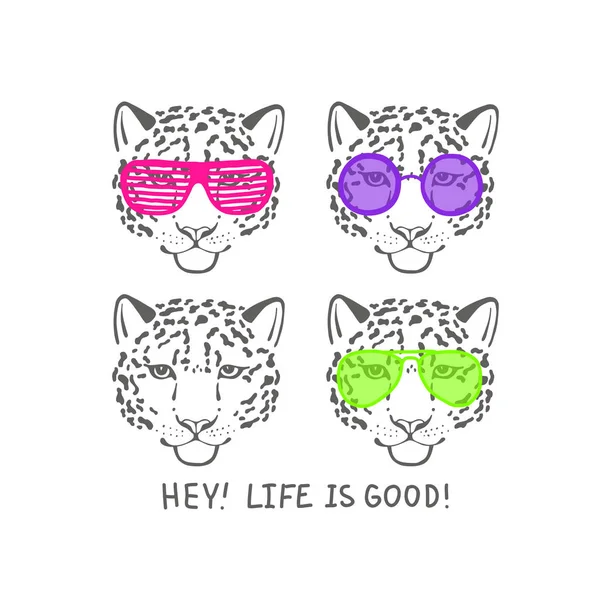 Cabeza de bosquejo vectorial de leopardo en gafas club rosa — Vector de stock