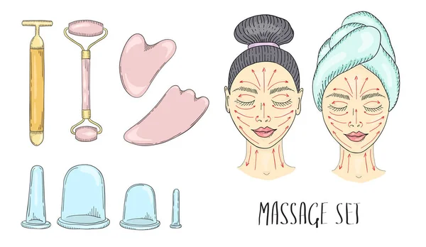 Kız s yüz kapalı gözler ve çizilmiş masaj çizgi ve masaj için araçları ile.