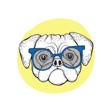 Mavi güneş gözlüklü köpek pug. Vektör çizim için t-shirt tasarım.
