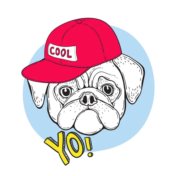 Hond cool mopshond in blauwe zonnebril en een rode pet met het opschrift. En de slogan Yo. Vectorillustratie voor t-shirt design. — Stockvector