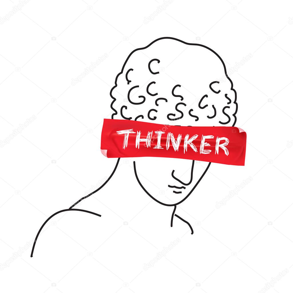 Design for t-shirt with slogan Thinker on red tape. Hand drawn vector illustration.