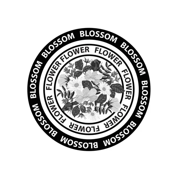 Camiseta estampada en blanco y negro con flores y palabras Blossom . — Vector de stock