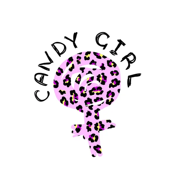 Отпечаток футболки со словом Candy girl и символом woman gender pink leopard textured. Модный дизайн для футболок . — стоковый вектор