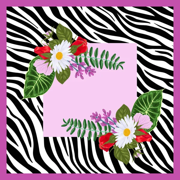 Projekt na kwadratowy szal lub chustę. Zebra nadruk z kwiatami na różowym tle. — Wektor stockowy