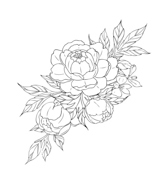 Peony flowers and leaves, tattoo compositions. Black linear illustration isolated on a white background. — Stock Vector