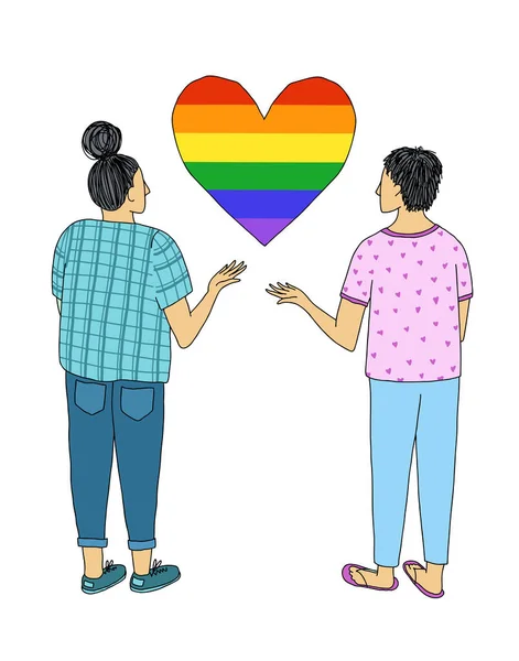 Ένα ζευγάρι νέων ανθρώπων με τα χέρια τους σηκωμένα στις καρδιές τους στα χρώματα της σημαίας ΛΟΑΤ. — Διανυσματικό Αρχείο