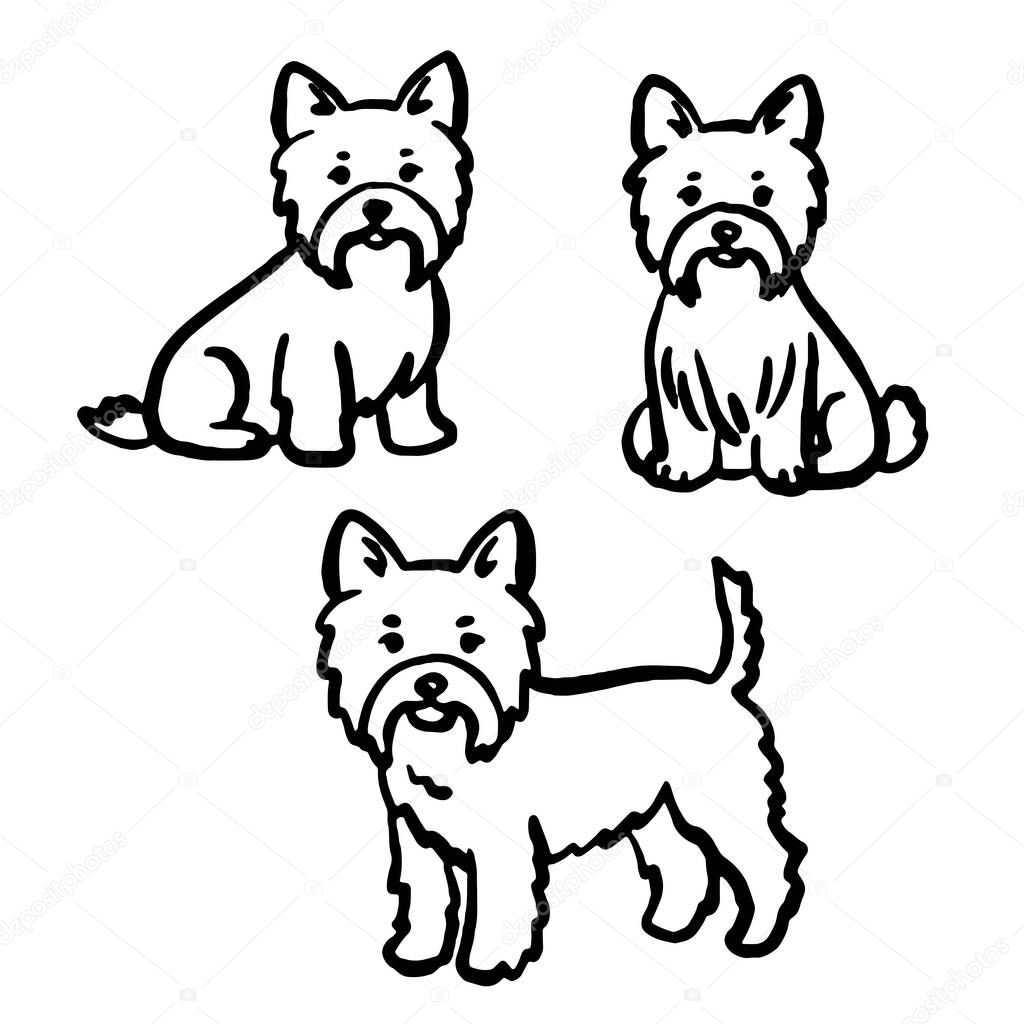 Hand-drawn whimsical Yorkshire Terrier dogs in different poses. Vector illustration.
